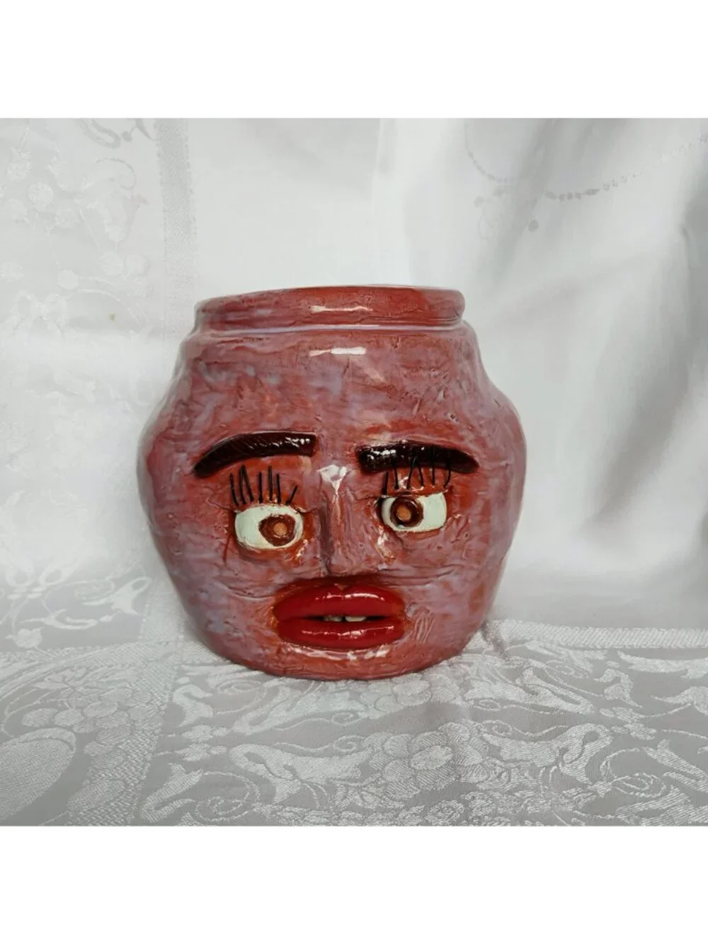 Whimsical Ceramic Ugly Face Jug Handmade Carolina Pottery Pink Planter Pot Vase - Picture 11 of 11
